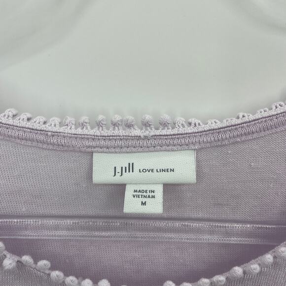 J. JILL Womens Love Linen Shirt Size M Lavender Textured Knit 3/4 Sleeve Pom Pom - Picture 2 of 6